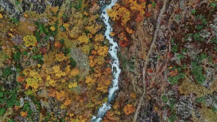 Framed Print : Aerial panorama of splashing river in autumn Framed Print : Aerial panorama of splashing river in autumn
