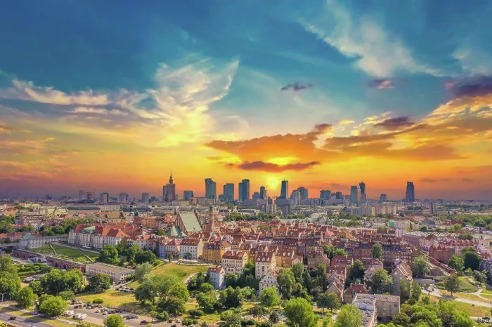Framed Print : Aerial panorama of Warsaw, Poland over the Vistual river and Ci Framed Print : Aerial panorama of Warsaw, Poland over the Vistual river and Ci