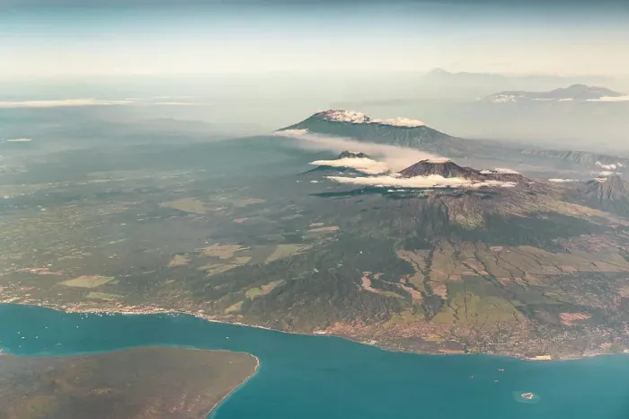 Framed Print : Aerial photo shot from plane flying from Bali to Singapore