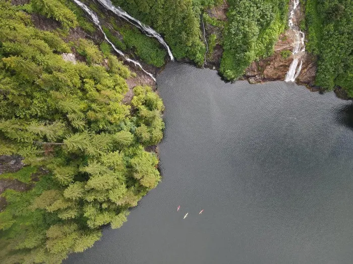 Framed Print : Top down aerial vie of three kayakers in Misty Fjords National Monument Wilderness area Ketchikan Gateway, Alaska