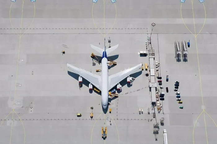 Framed Print : Aerial view of airplane on tarmac Framed Print : Aerial view of airplane on tarmac