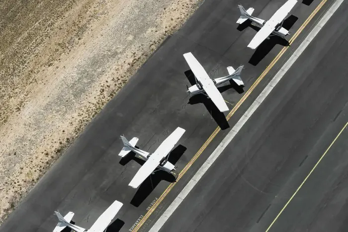 Framed Print : Aerial view of four airplanes on runway, St Kilda, Melbourne, Victoria, Australia