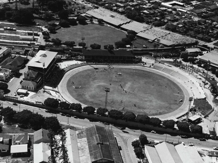 Framed Print : Aerial view of the Brisbane exhibition ground where the Australian Football Carnival games will be played this week Framed Print : Aerial view of the Brisbane exhibition ground where the Australian Football Carnival games will be played this week