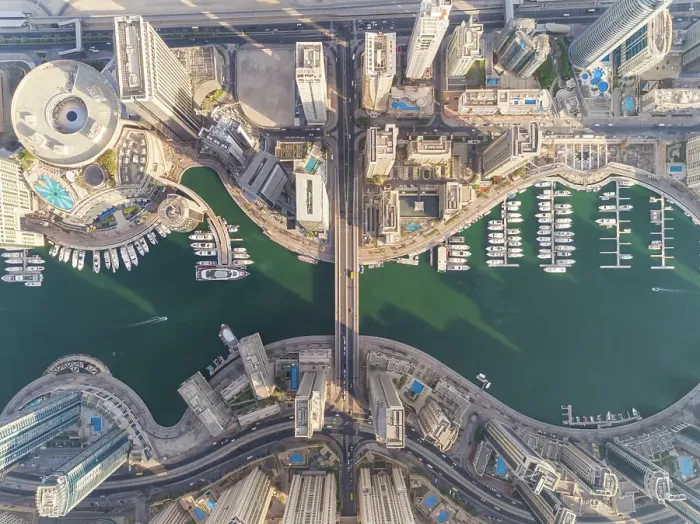 Framed Print : Aerial view of buildings and yachts in Marina Promenade, Dubai, United Arab Emirates Framed Print : Aerial view of buildings and yachts in Marina Promenade, Dubai, United Arab Emirates