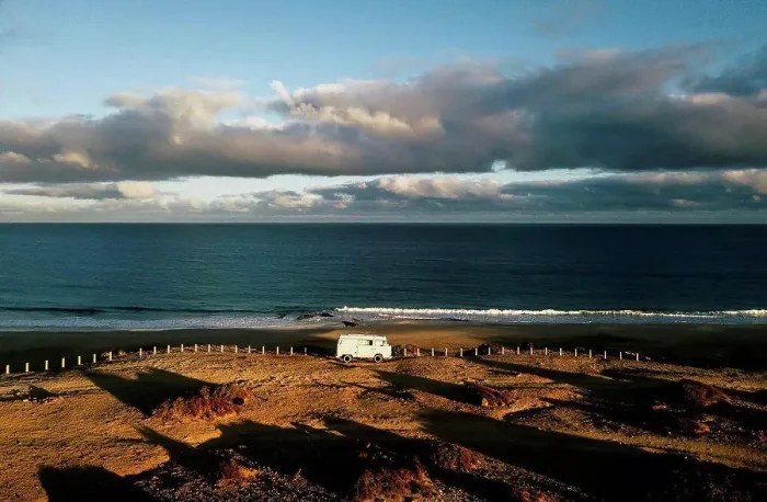 Framed Print : Aerial view of camping van on viewing point in Fuerteventura Framed Print : Aerial view of camping van on viewing point in Fuerteventura