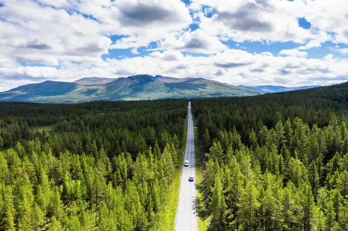 Framed Print : Aerial view of cars along the road crossing the forest, Jotunheimen National Park, Norway, Scandinavia, Europe Framed Print : Aerial view of cars along the road crossing the forest, Jotunheimen National Park, Norway, Scandinavia, Europe