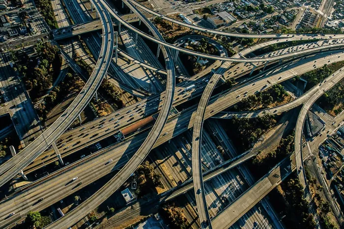 Framed Print : Aerial view of complex curved flyovers and highways, Los Angeles, California, USA Framed Print : Aerial view of complex curved flyovers and highways, Los Angeles, California, USA