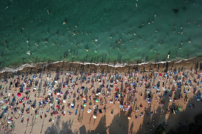 Framed Print : Aerial View of Crowd of People on the Beach Aerial View of Crowd of People on the Beach