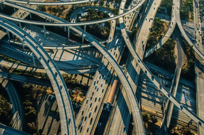 Framed Print : Aerial view of curved flyovers and highways, Los Angeles, California, USA Framed Print : Aerial view of curved flyovers and highways, Los Angeles, California, USA