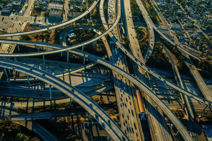 Framed Print : Aerial view of curved flyovers and multi lane highways, Los Angeles, California, USA