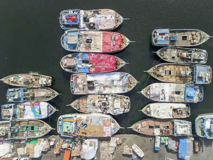 Framed Print : Aerial view of The Dubai Dhow Wharfage harbour in United Arab Emirates
