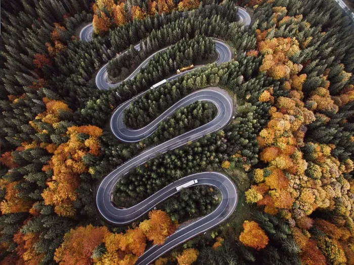 Framed Print : Aerial View of Epic Winding Road and Cars During Autumn Framed Print : Aerial View of Epic Winding Road and Cars During Autumn