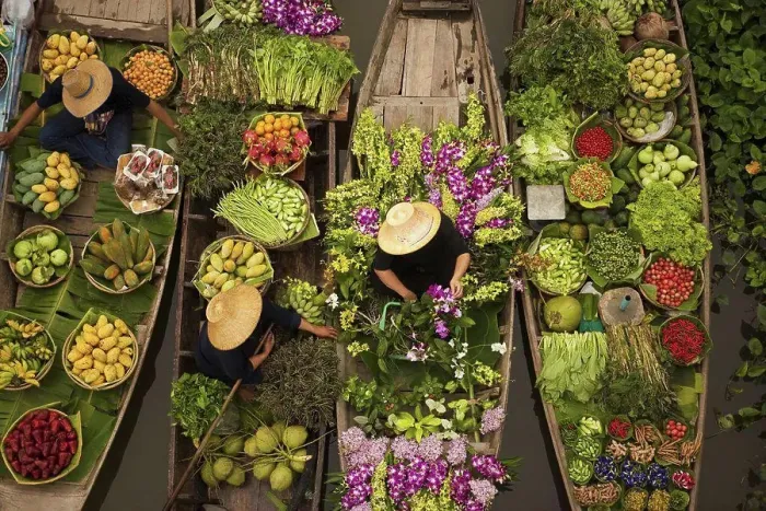 Framed Print : Aerial view of a floating market on a canal in Bangkok Framed Print : Aerial view of a floating market on a canal in Bangkok
