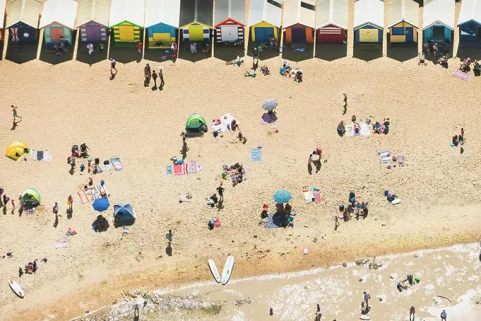 Framed Print : Aerial view of holiday makers and beach huts on Brighton beach, Melbourne, Victoria, Australia Framed Print : Aerial view of holiday makers and beach huts on Brighton beach, Melbourne, Victoria, Australia