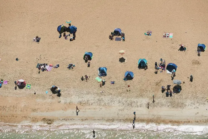 Framed Print : Aerial view of holiday makers on Brighton beach, Melbourne, Victoria, Australia Framed Print : Aerial view of holiday makers on Brighton beach, Melbourne, Victoria, Australia