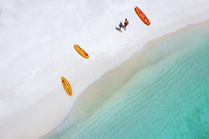 Framed Print : Aerial view of kayakers at sunny day, Maldives