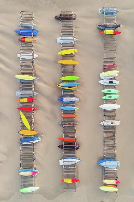 Framed Print : Aerial view of kayaks over the clear sand beach Framed Print : Aerial view of kayaks over the clear sand beach