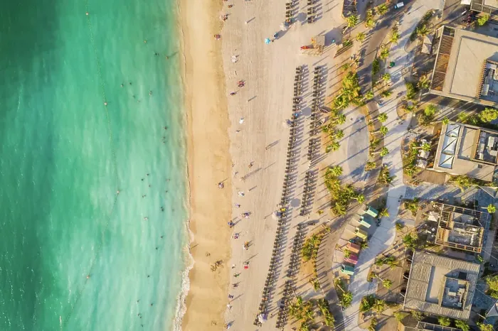 Framed Print : Aerial view of a luxury beach with palm trees, Dubai, U.A.E