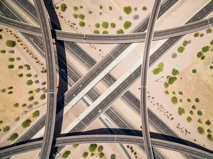 Framed Print : Aerial view of multi-lane road intersection on desert landscape, Las Vegas, USA