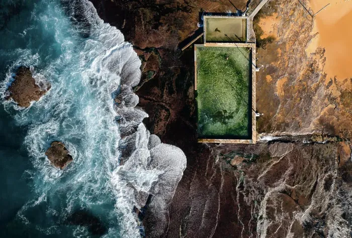 Framed Print : Aerial view of a natural rock pool along Robert Dunn Reserve coastline, Moan Vale, New South Wales, Sydney, Australia Framed Print : Aerial view of a natural rock pool along Robert Dunn Reserve coastline, Moan Vale, New South Wales, Sydney, Australia