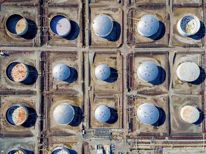 Framed Print : Aerial view of oil storage tanks in a grid pattern at Torrance Framed Print : Aerial view of oil storage tanks in a grid pattern at Torrance