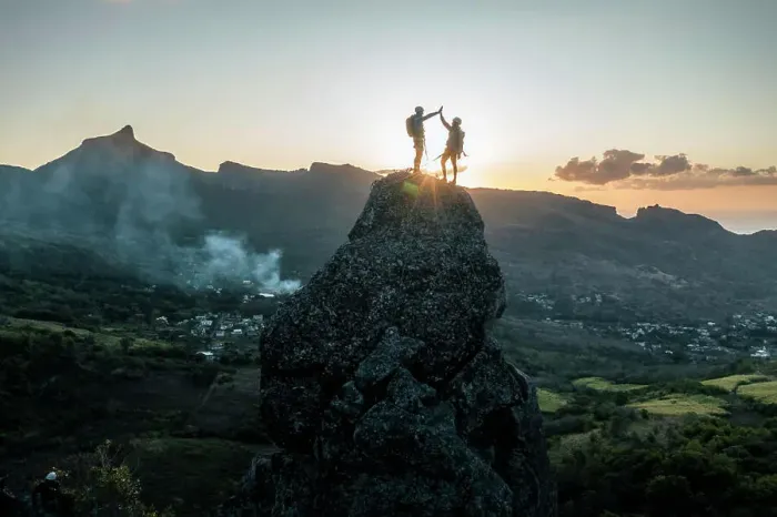 Framed Print : Aerial view of people climbing on Piton Jacob Peak mountain in Port Louis, Mauritius
