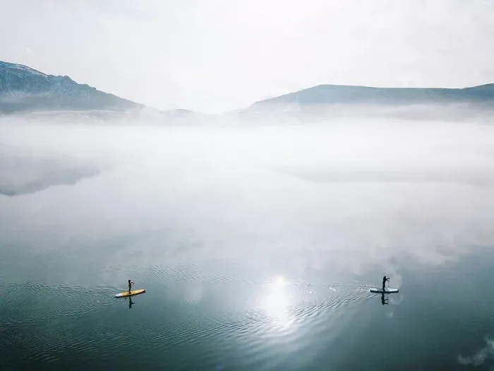 Framed Print : Aerial view of two people stand up paddle surfing, Leon, Spain