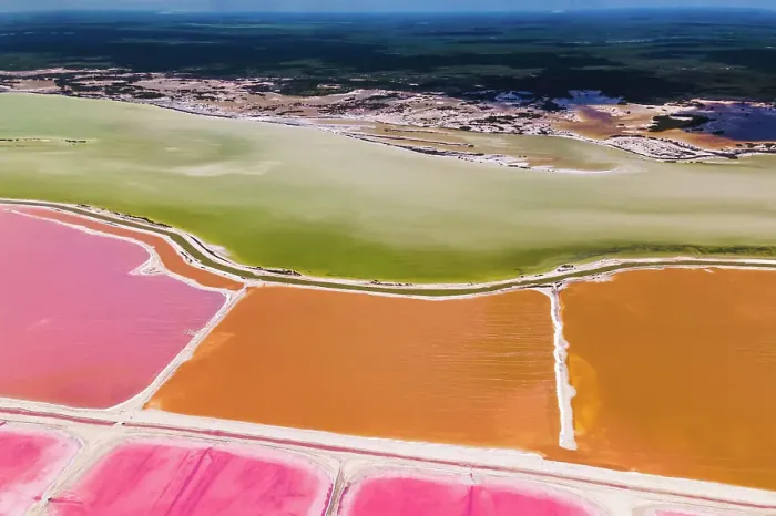 Framed Print : Aerial view of pink salt lakes along the coast at Ria Largatos Natural Park, Río Lagartos, Yucatan, Mexico Framed Print : Aerial view of pink salt lakes along the coast at Ria Largatos Natural Park, Río Lagartos, Yucatan, Mexico
