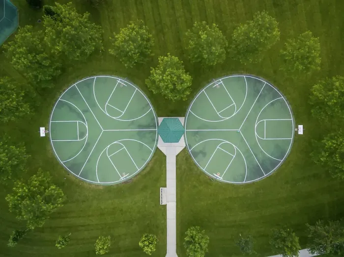 Framed Print : Aerial view of public basketball at public park, Chicago, USA Framed Print : Aerial view of public basketball at public park, Chicago, USA