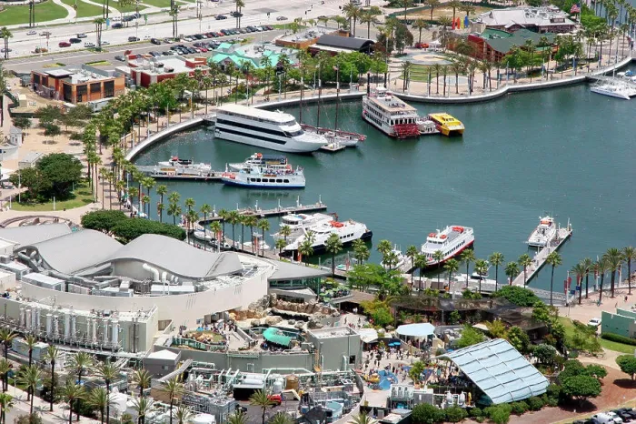 Framed Print : Aerial view of the Rainbow Harbor with the Aquarium of the Pacific in foreground Framed Print : Aerial view of the Rainbow Harbor with the Aquarium of the Pacific in foreground