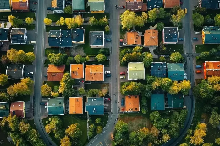 Framed Print : Aerial View of Residential Area in Autumn. Generative AI Framed Print : Aerial View of Residential Area in Autumn. Generative AI