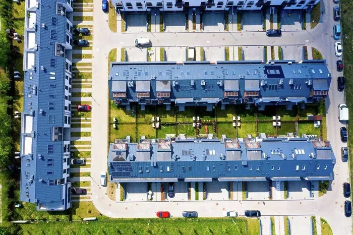Framed Print : Aerial view of residential houses neighborhood and apartment bui Framed Print : Aerial view of residential houses neighborhood and apartment bui