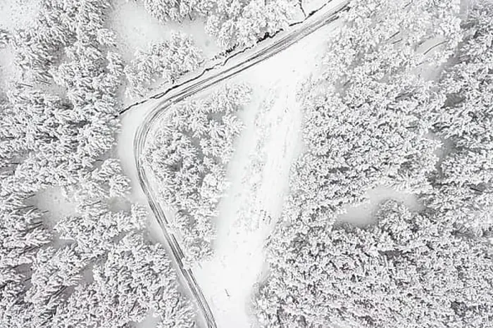 Framed Print : Aerial view on the road and forest at the winter time. Snowy forest, natural winter landscape