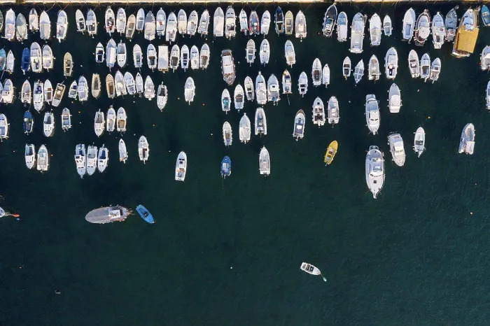 Framed Print : Aerial view of rows of moored motorboats Framed Print : Aerial view of rows of moored motorboats