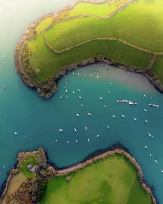 Framed Print : Aerial view of Salcombe Harbour with Snapes Point and White boats, Kingsbridge Estuary, England Framed Print : Aerial view of Salcombe Harbour with Snapes Point and White boats, Kingsbridge Estuary, England