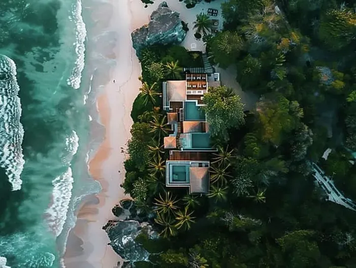 Framed Print : Aerial view of a secluded tropical villa with a thatched roof and pool by a sandy beach Framed Print : Aerial view of a secluded tropical villa with a thatched roof and pool by a sandy beach