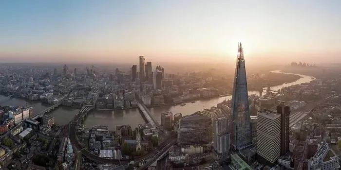 Framed Print : Aerial View of The Shard landmark tower and City of London, and the River Thames at dawn Framed Print : Aerial View of The Shard landmark tower and City of London, and the River Thames at dawn