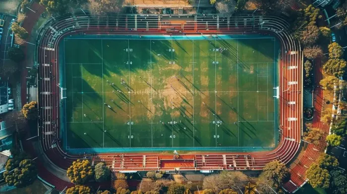 Framed Print : This aerial view shows a soccer field with empty stands