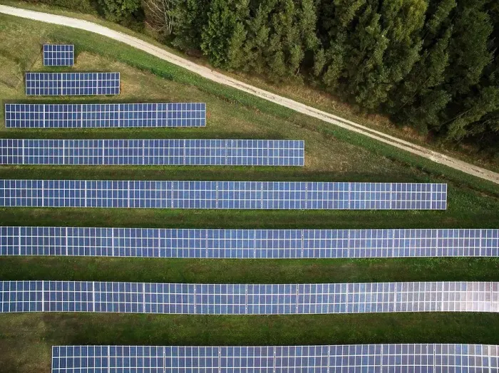 Framed Print : Aerial view of solar panels in field Framed Print : Aerial view of solar panels in field