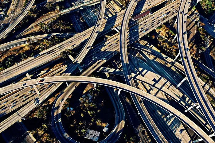 Framed Print : Aerial view of sunlit curved flyovers and highways, Los Angeles, California, USA