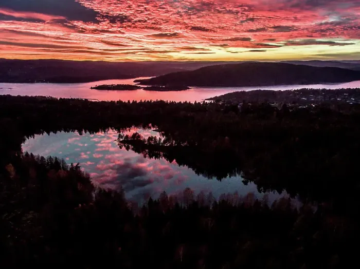 Framed Print : Aerial view of sunset over Oscarsborg, Drobak, Norway Framed Print : Aerial view of sunset over Oscarsborg, Drobak, Norway