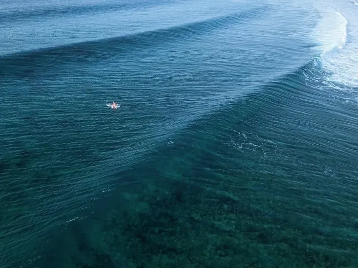 Framed Print : Aerial view of surfers in an ocean Framed Print : Aerial view of surfers in an ocean