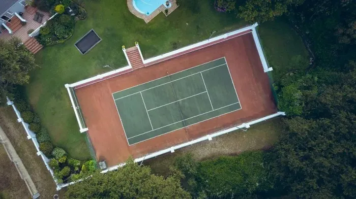 Framed Print : Aerial view of a tennis court layout with copy space. sports, competition and tournament concept