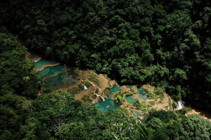 Framed Print : Aerial view of turquoise waterfalls in jungle, Semuc Champey, Alta Verapaz, Guatemala, Central America