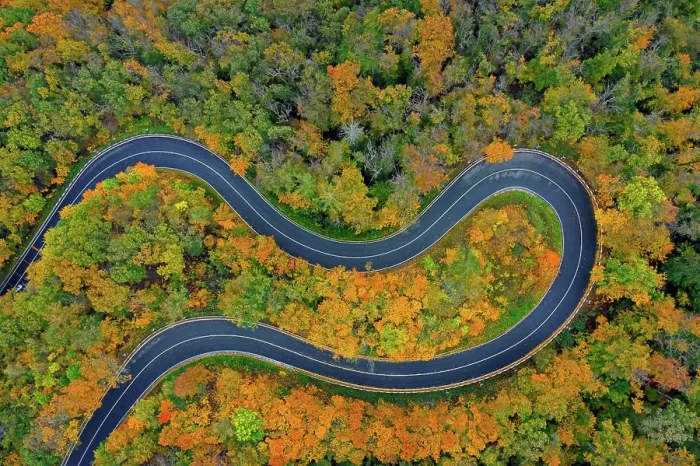 Framed Print : Aerial view over empty winding road, hairpin turn, hair pin bend running through forest showing autumn colours Framed Print : Aerial view over empty winding road, hairpin turn, hair pin bend running through forest showing autumn colours
