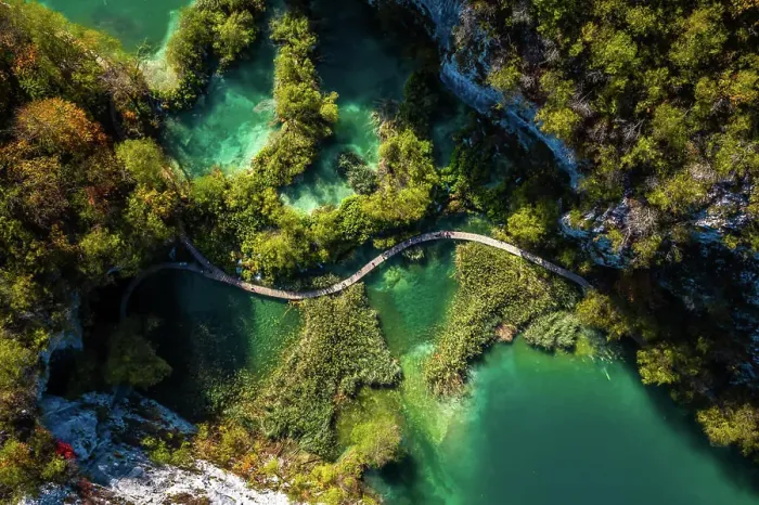 Framed Print : Aerial view of a wooden walkway surrounded by turquoise water in Lower Lakes, Korana, Croatia Framed Print : Aerial view of a wooden walkway surrounded by turquoise water in Lower Lakes, Korana, Croatia