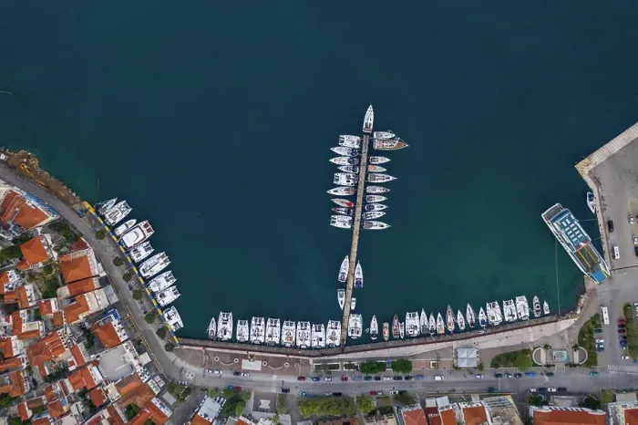 Framed Print : Aerial view of a yacht jetty in Saronic Gulf, Greece Framed Print : Aerial view of a yacht jetty in Saronic Gulf, Greece