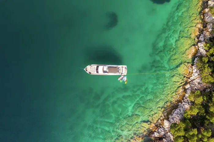 Framed Print : Aerial view of a yacht in Saronic Gulf, Limenaria, Greece Framed Print : Aerial view of a yacht in Saronic Gulf, Limenaria, Greece