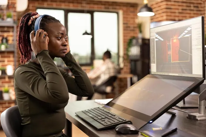 Framed Print : African American designer refining projects on digital monitors enhancing visuals in modern creative workspace Framed Print : African American designer refining projects on digital monitors enhancing visuals in modern creative workspace