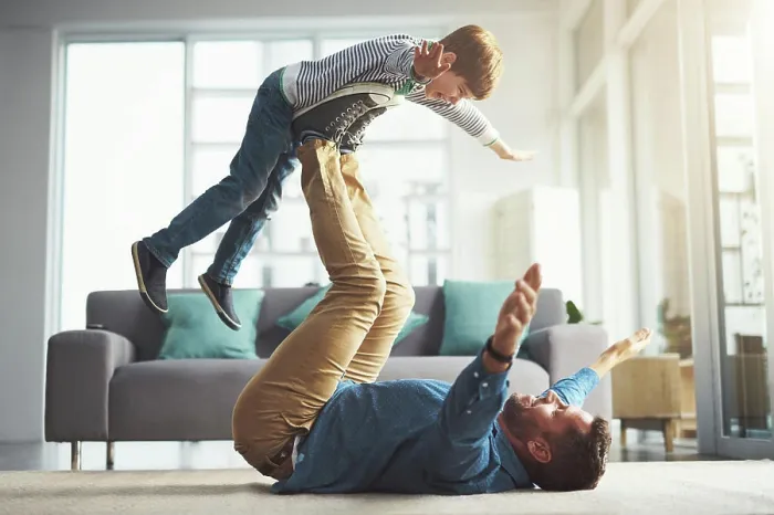 Framed Print : Airplane, playing and dad with child in home for bonding Framed Print : Airplane, playing and dad with child in home for bonding